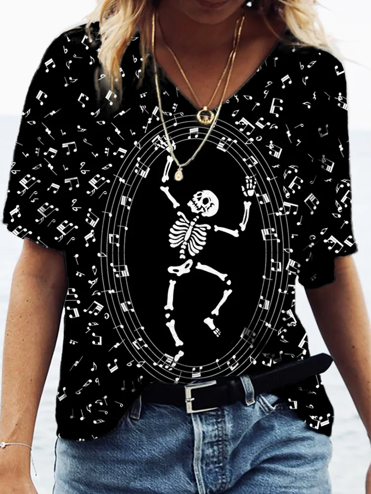 Skeleton Music Black And White Contrast Color V Neck T Shirt