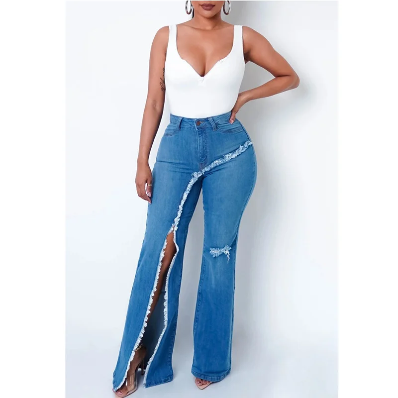Women's Split Cut Jeans High Waisted Loose Fitting and Fashionable Micro Flared Pants