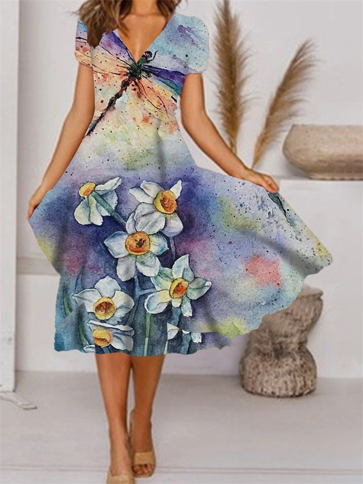 Women's New V-neck Short-sleeved Mid-length Dress Positioning Plant Floral Print Colorful Painting Hem Common-style Dress