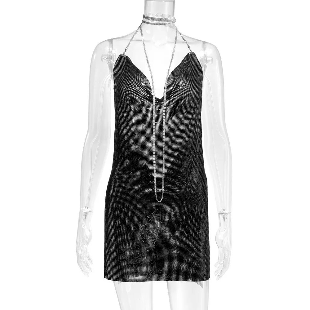 Uveng Uveng Station Fashion Nightclub Low Back Strapless Deep V Metal Dress