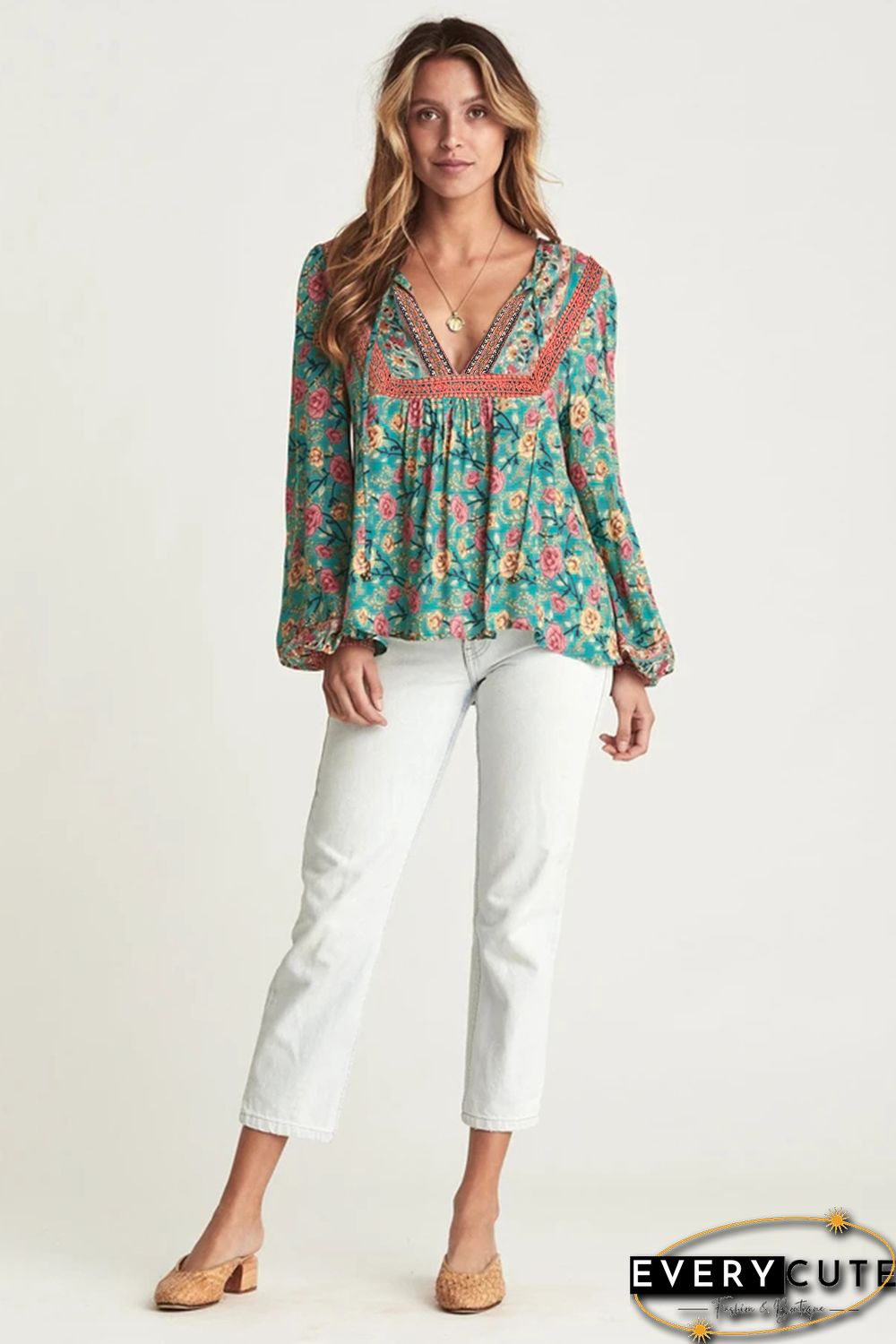 Green V Cut Neck Floral Lantern Sleeve Blouse