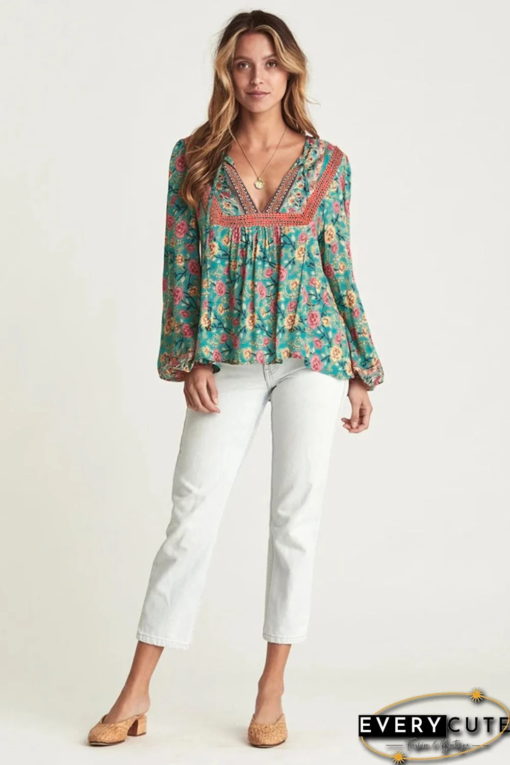 Green V Cut Neck Floral Lantern Sleeve Blouse