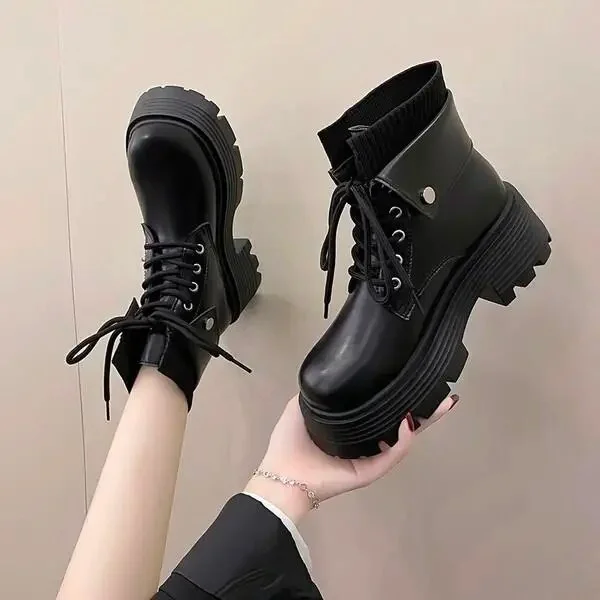 Zhungei Boots Rock Shoes Woman Boots-Women Flat Heel Luxury Designer Round Toe Lace Up Winter Footwear 2024 Ankle Med Lolita Autumn