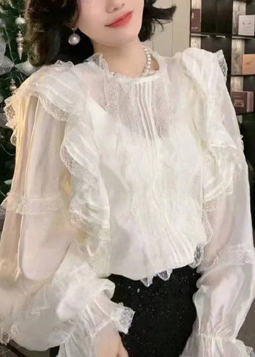 Elegant White Solid Ruffled Lace Shirt Long Sleeve