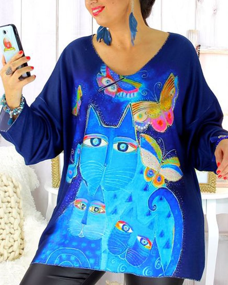 Women's Casual Loose Print Long Sleeve Top-0929-03
