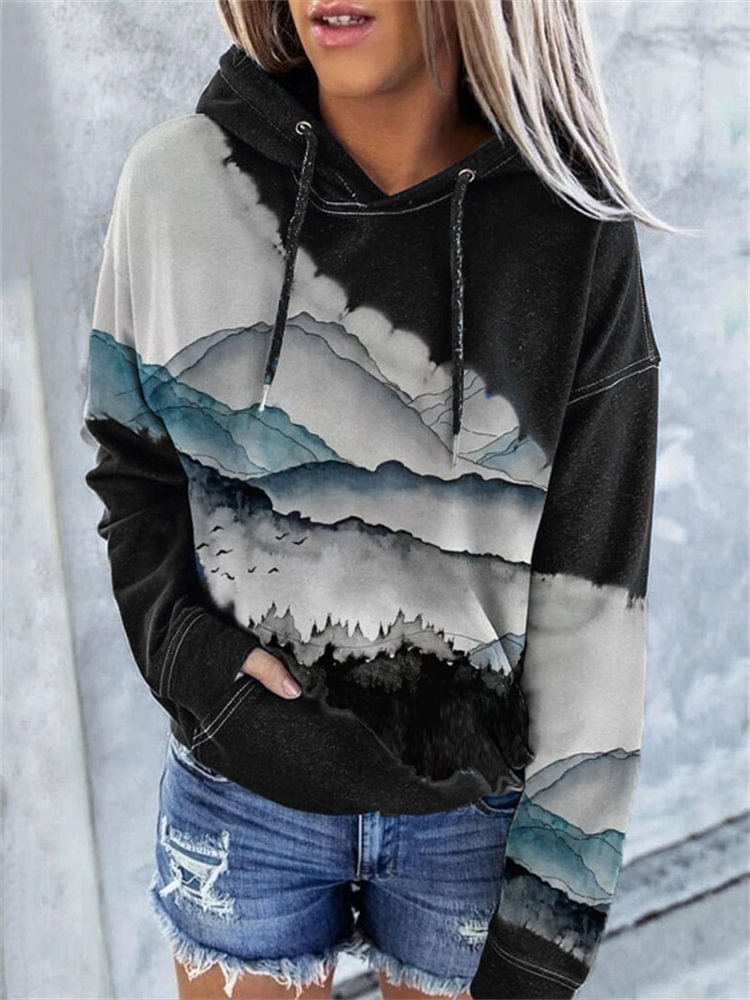 Vefave Mountains Lanscape Watercolor Tie Dye Hoodie
