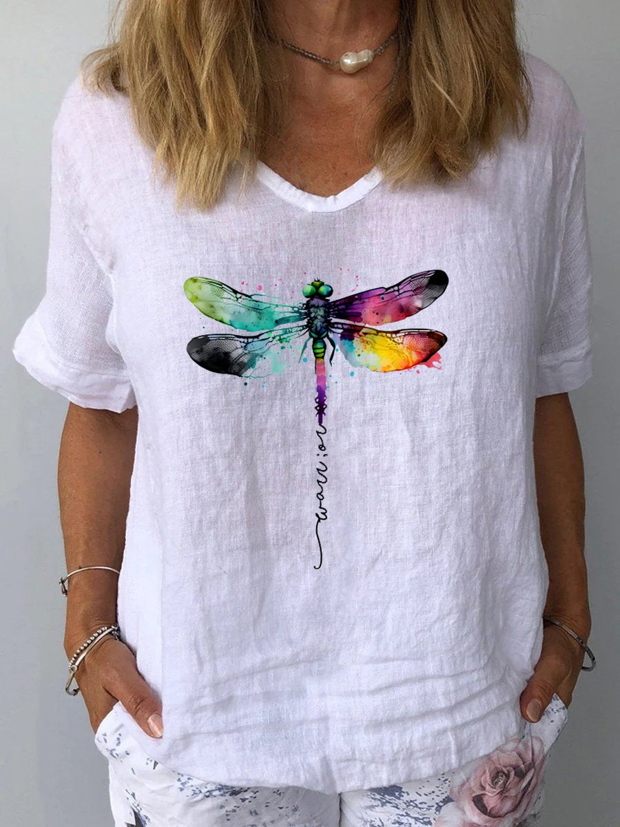 Women's Dragonfly  Art Print Casual Cotton And Linen Shirt
