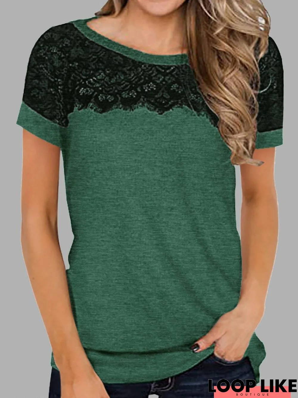 Casual Solid Color Round Neck Short Sleeve Lace Panel T-Shirt