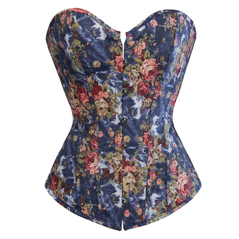 Fashion Corset Women's Vintage Floral Denim Corset Bustie Overbust Burlesque Sexy Lingerie Top Waist Cincher Body Shaper Blue