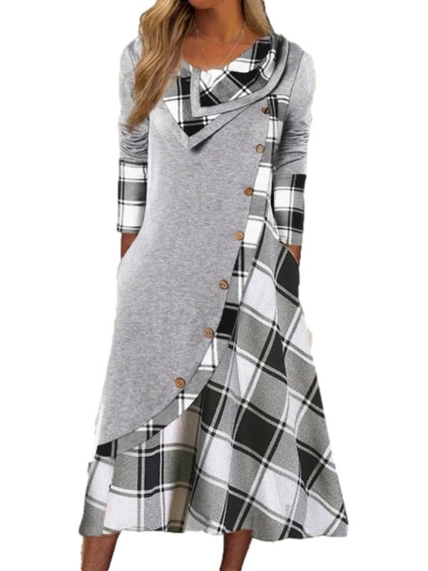 Women Long Sleeve Pile collar Plaid Stitching Maxi Dress