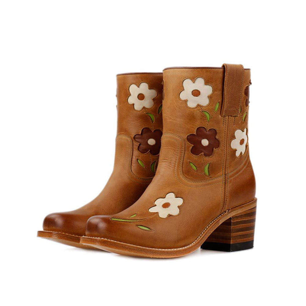 Brown Square Toe Stitching Flower Block Heel Cowgirl Boots for Women