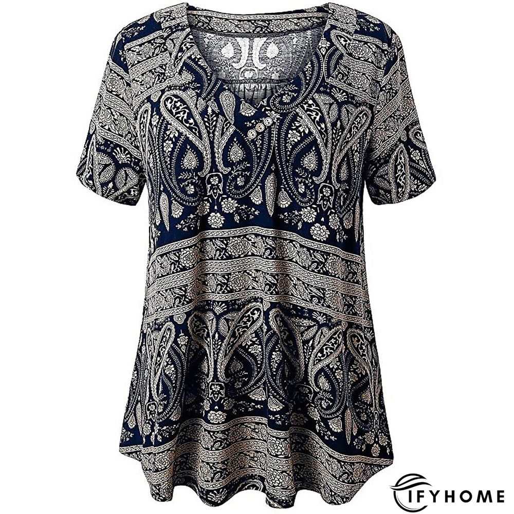 Women's Shirt Blouse Denim Blue Black White Leopard Floral Print Short Sleeve Casual Holiday Basic V Neck Regular Floral Plus Size M | IFYHOME