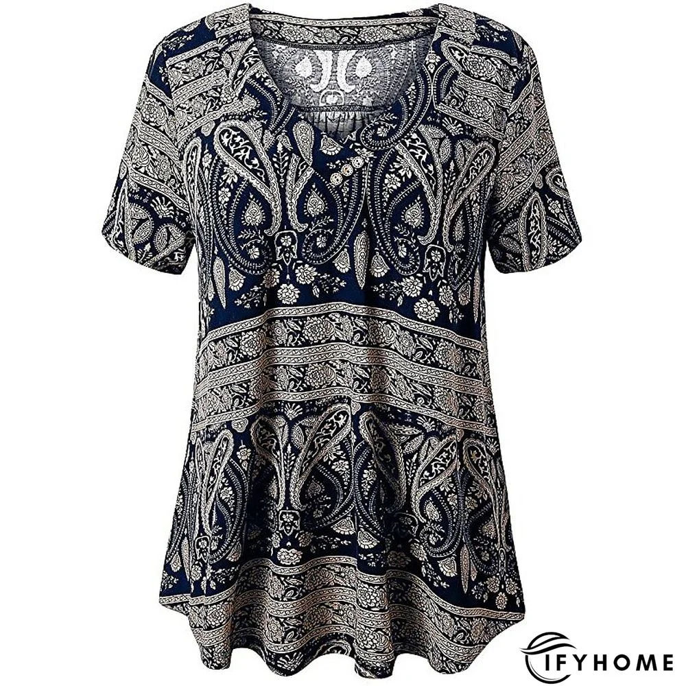 Women's Shirt Blouse Denim Blue Black White Leopard Floral Print Short Sleeve Casual Holiday Basic V Neck Regular Floral Plus Size M | IFYHOME
