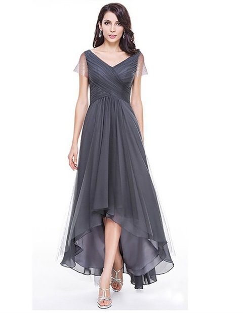Women V-neck Backless Short Sleeve Elegant Chiffon Prom Evening Party Dresses Formal Maxi Dress Plus Size S-5XL