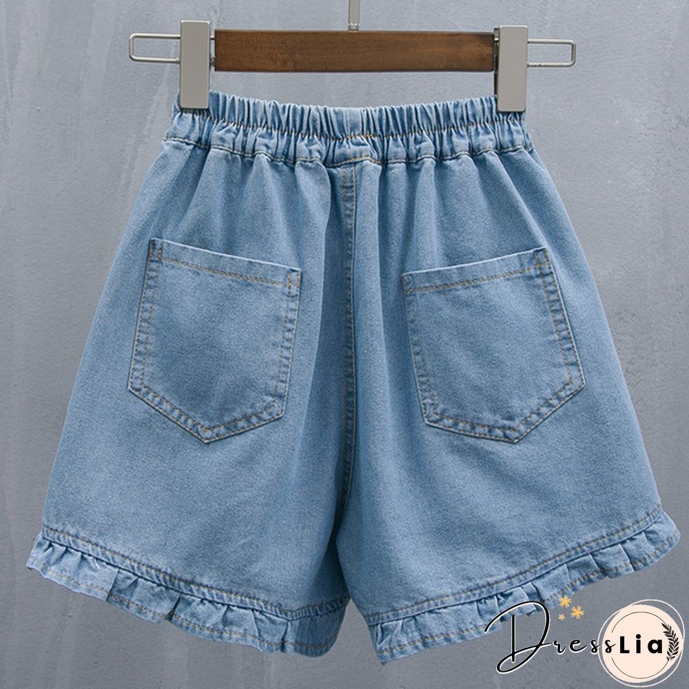 Women Denim Shorts Pants Mini Loose Causal Ruffle Elastic Waist Summer Plus Size