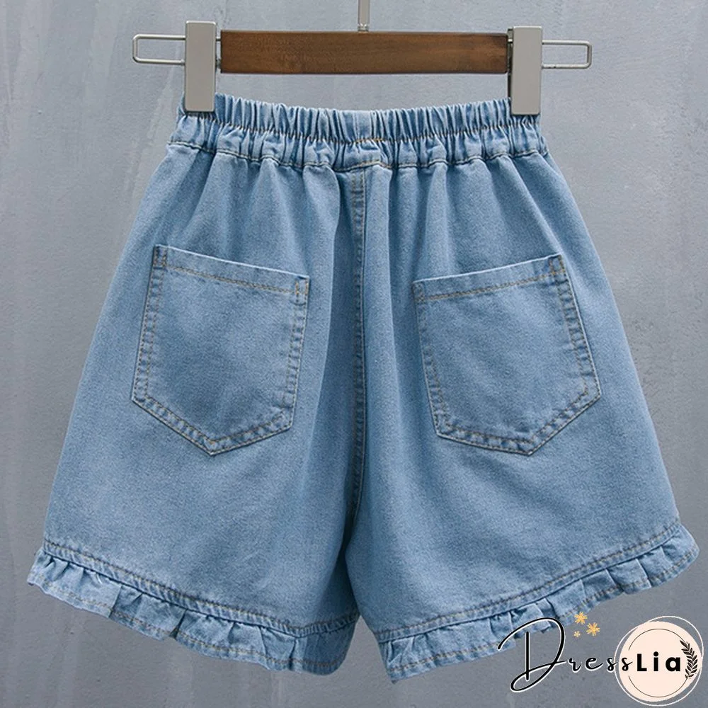 Women Denim Shorts Pants Mini Loose Causal Ruffle Elastic Waist Summer Plus Size