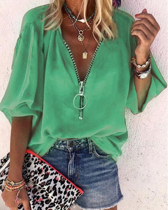 3/4 Sleeve Cotton-Blend Plain Shirts & Tops