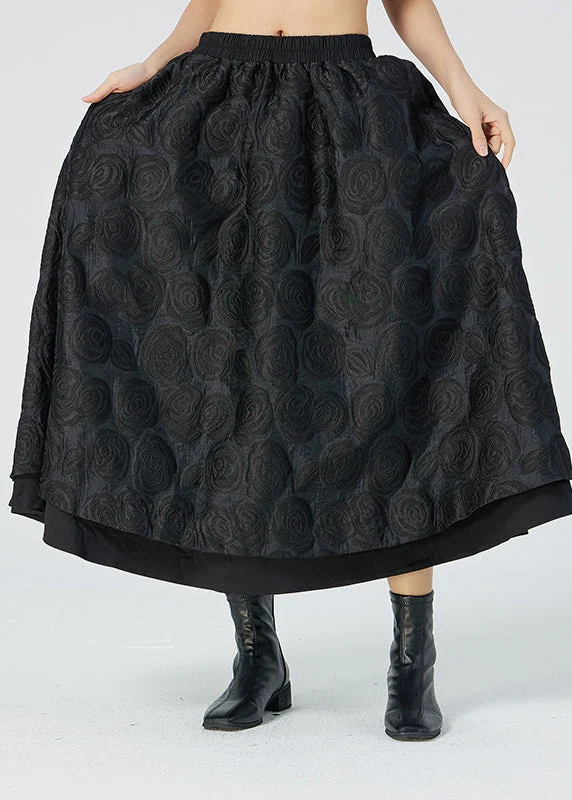 Black Floral Elastic Waist Maxi Skirt