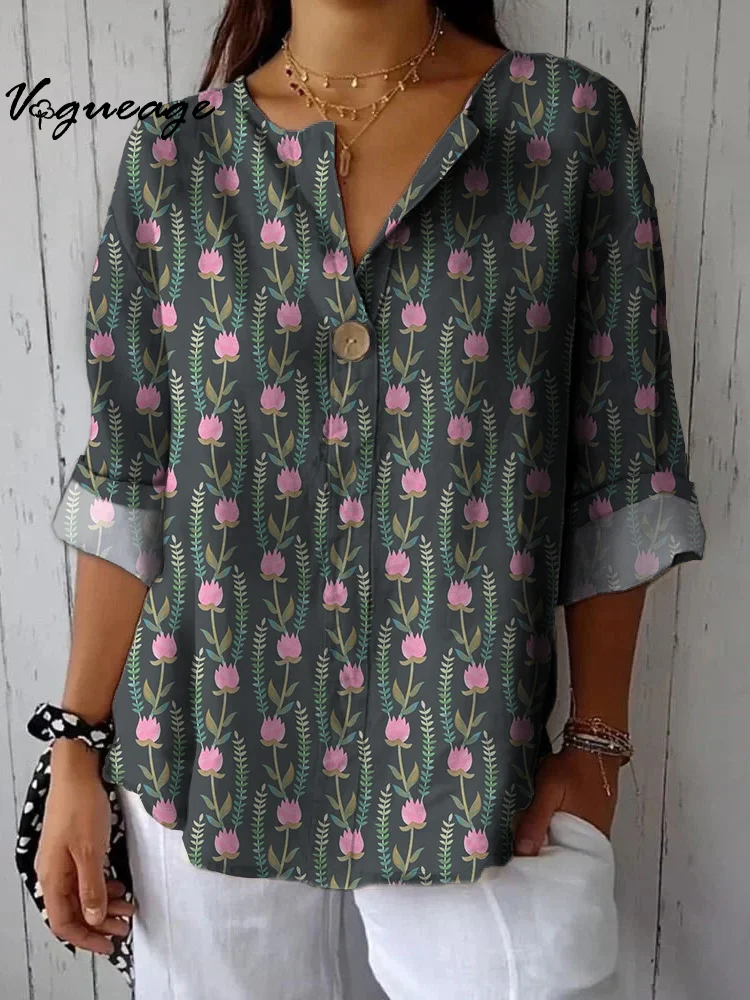 Elegant And Simple Flowers Printed Cotton And Linen Shirt