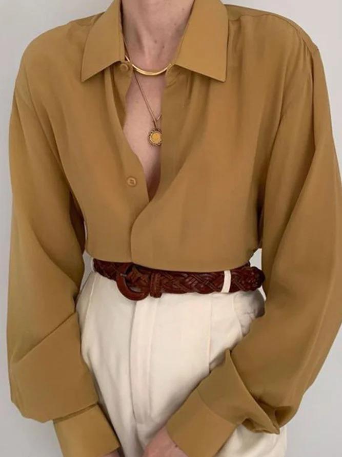 Khaki Shift Long Sleeve Chiffon Shirts & Tops