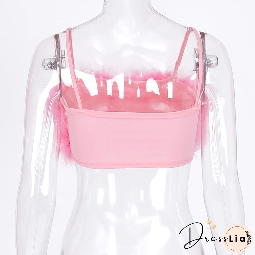 Fashion Sexy Spaghetti Straps Pink Feather Crop Top Women Camisole Sleeveless Tops Party Club Streetwear Camis