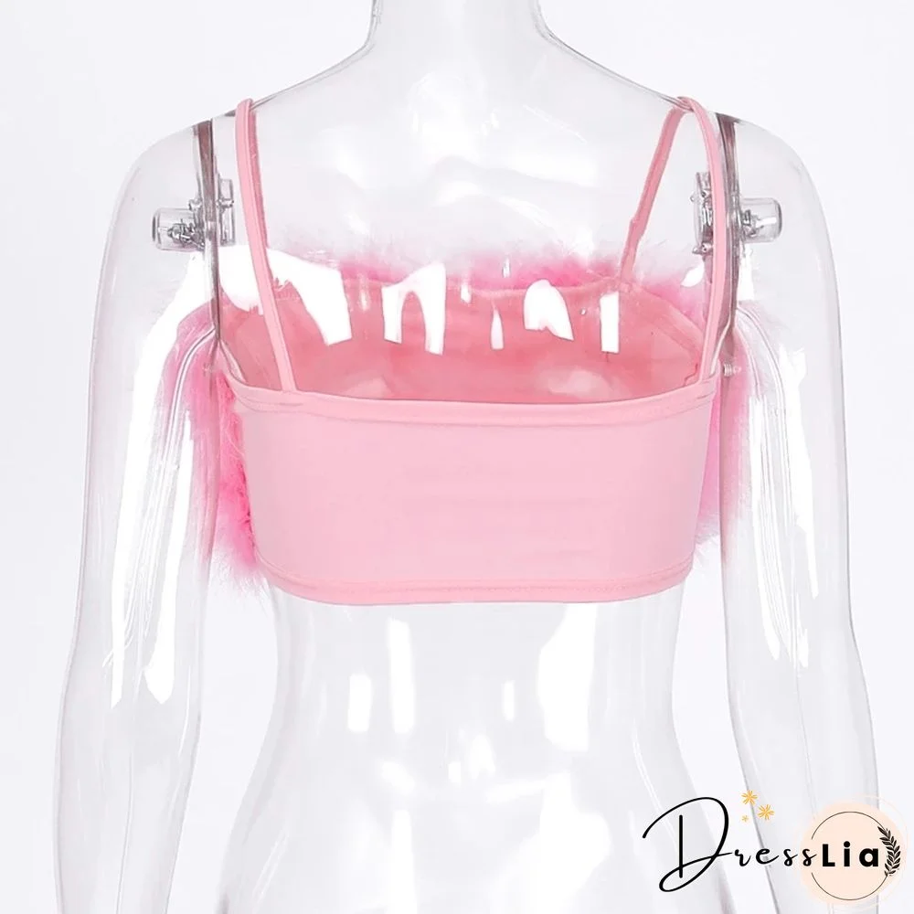Fashion Sexy Spaghetti Straps Pink Feather Crop Top Women Camisole Sleeveless Tops Party Club Streetwear Camis