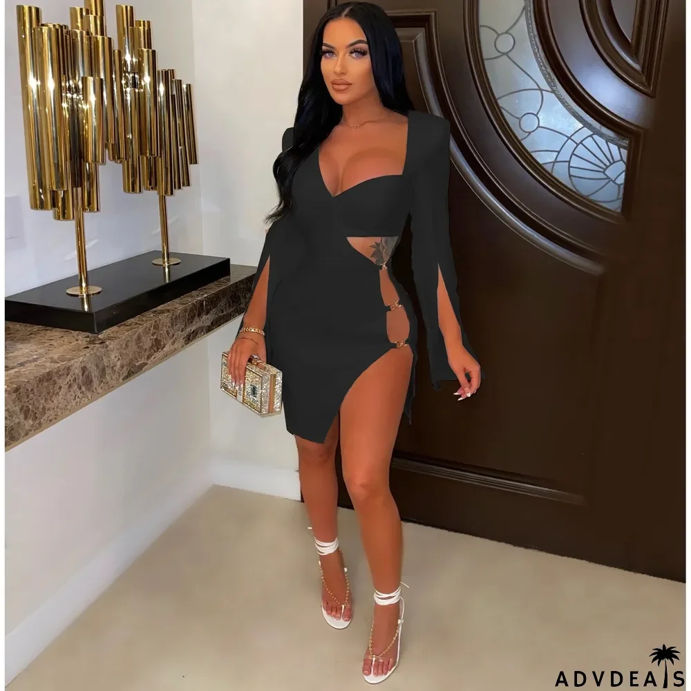 Plus Size Sexy Long Sleeve Hollow Out Mini Dress