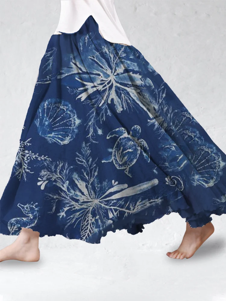 Tie Dye Ocean Turtle Art  Cotton Linen Flowy Skirt