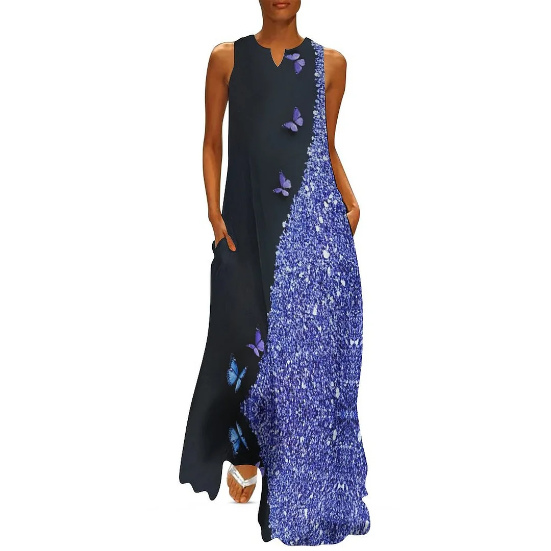Style & Comfort for Mature Women Plus Size Printed Sleeveless Casual Women Maxi Dress with Pockets in Pattern Purple, Butterfly, Glitter