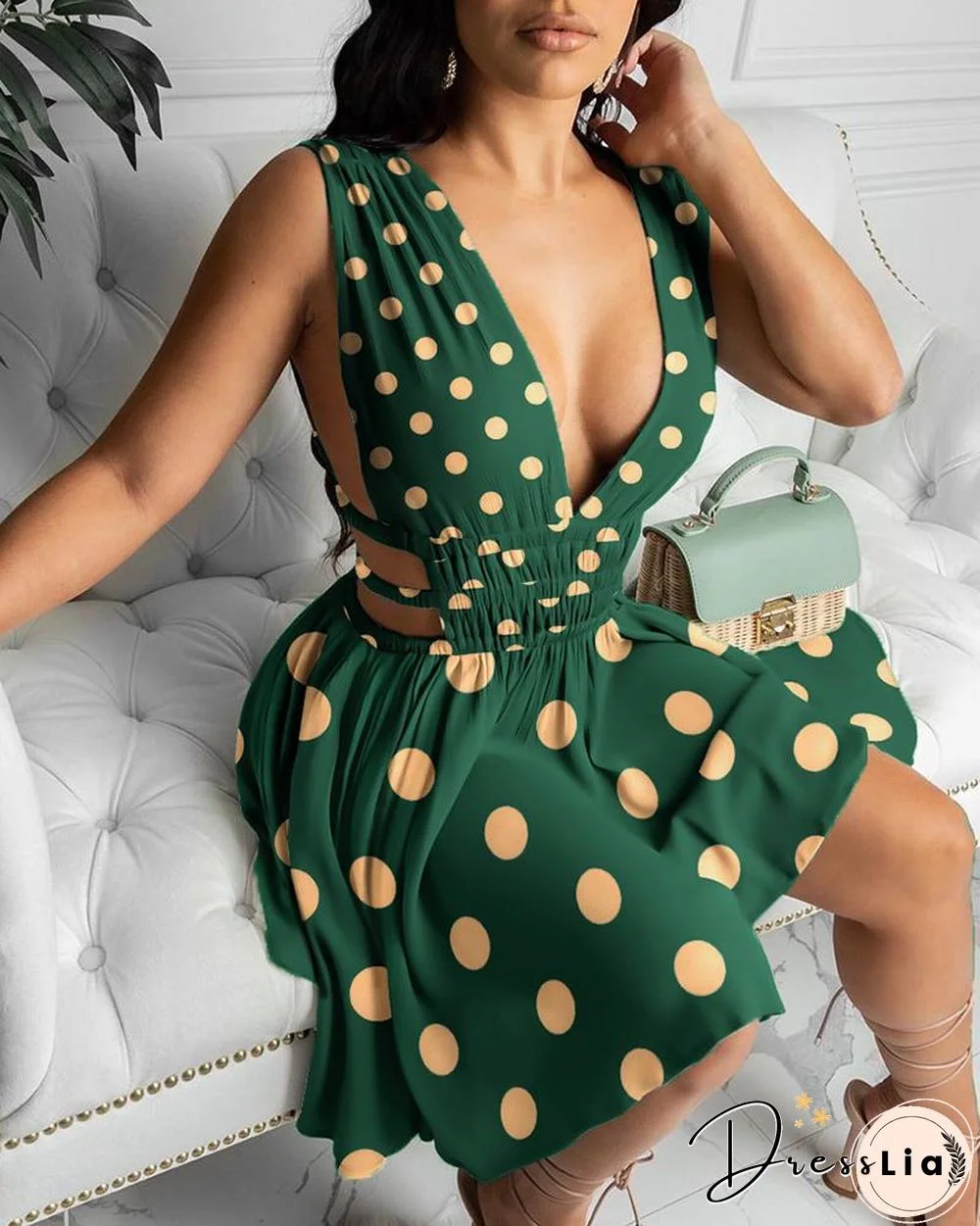 Cutout Waist Plunge Polkadot Print Dress