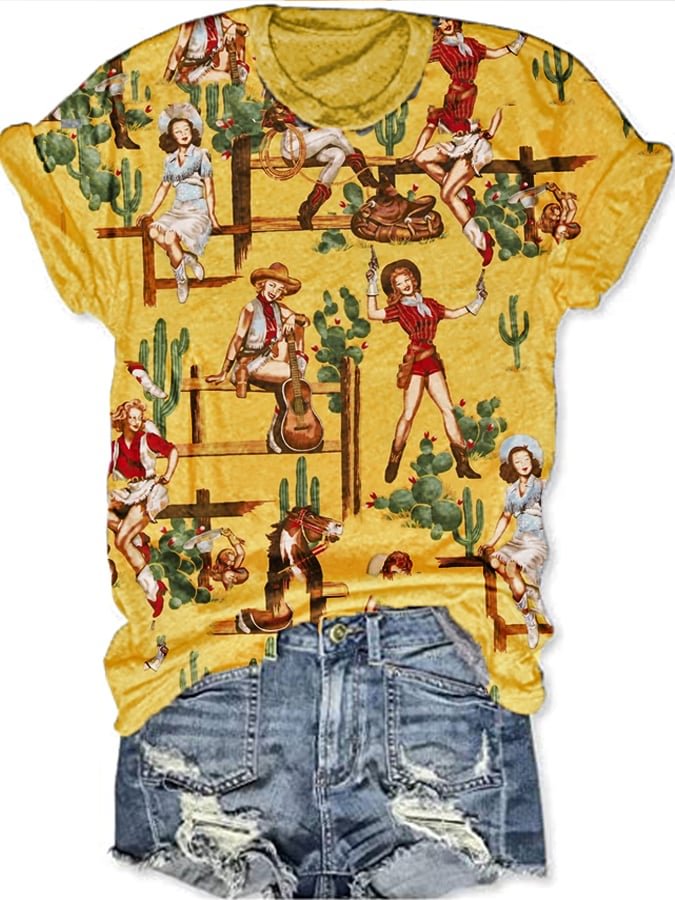 Western Vintage Print Print Short Sleeve T-Shirt