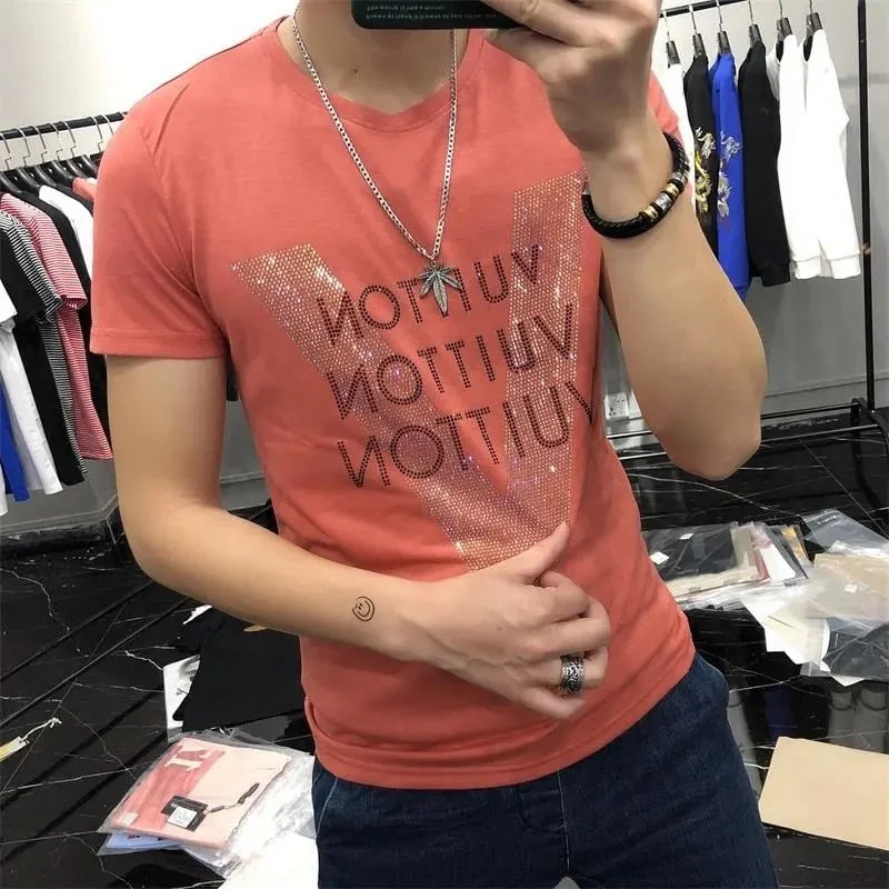 Inongge Men's T-shirt Quality Mercerized Cotton V-shaped Pattern Rhinestone 20201 New Street Fashion Style Short-sleeve Male Top Clothes