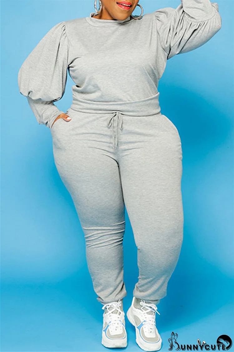 Light Gray Fashion Casual Solid Basic O Neck Plus Size Two Pieces