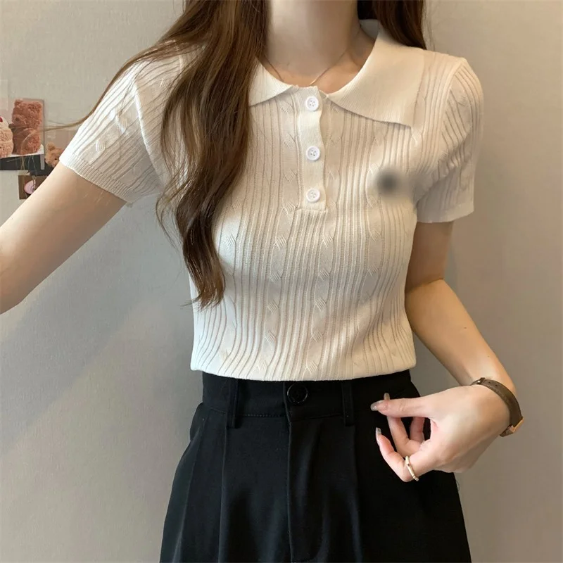 Uveng Uveng Collar Front Shoulder Short-Sleeved Knitted T-Shirt Girl Summer Design Small Sweet Hot Girl Exposed Umbilly Short Top