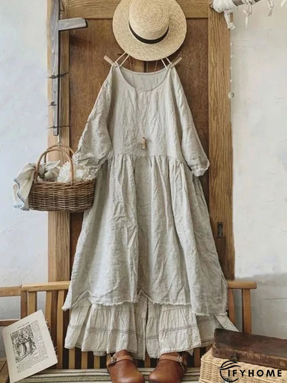 Vintage Plain Plus Size Long Sleeve Casual Weaving Dress | IFYHOME