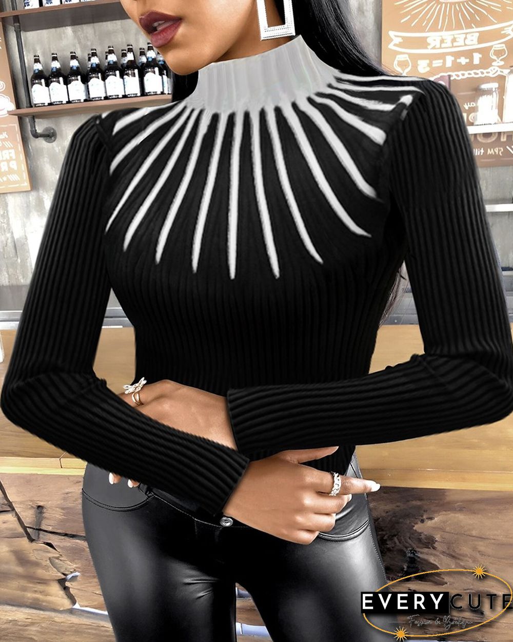 Colorblock Long Sleeve Meck Neck Knit Top