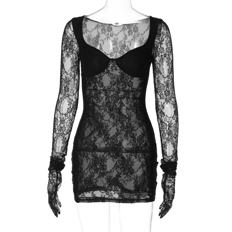 funky yellow sunglasses INS Style Hot-Selling Sexy Transparent Sexy Chest-Wrapped Long-Sleeved Gloves Body Shaping Hip-Wrapped Lace Dress Women