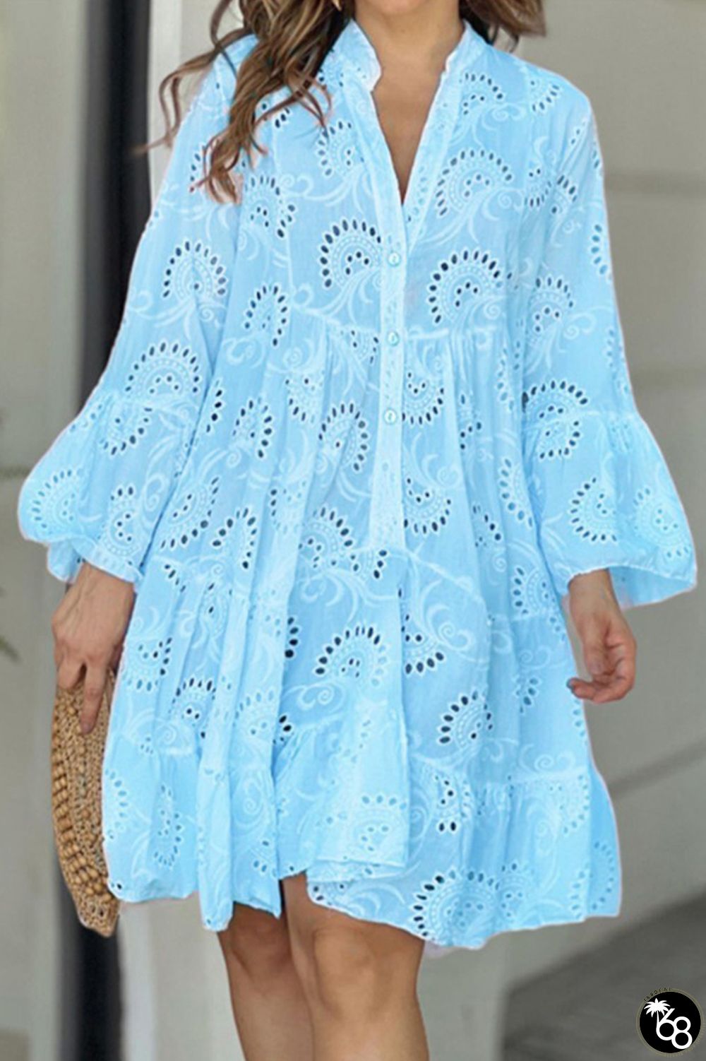 Blue Elegant Solid Lace Hollowed Out V Neck A Line Dresses | 168DEAL