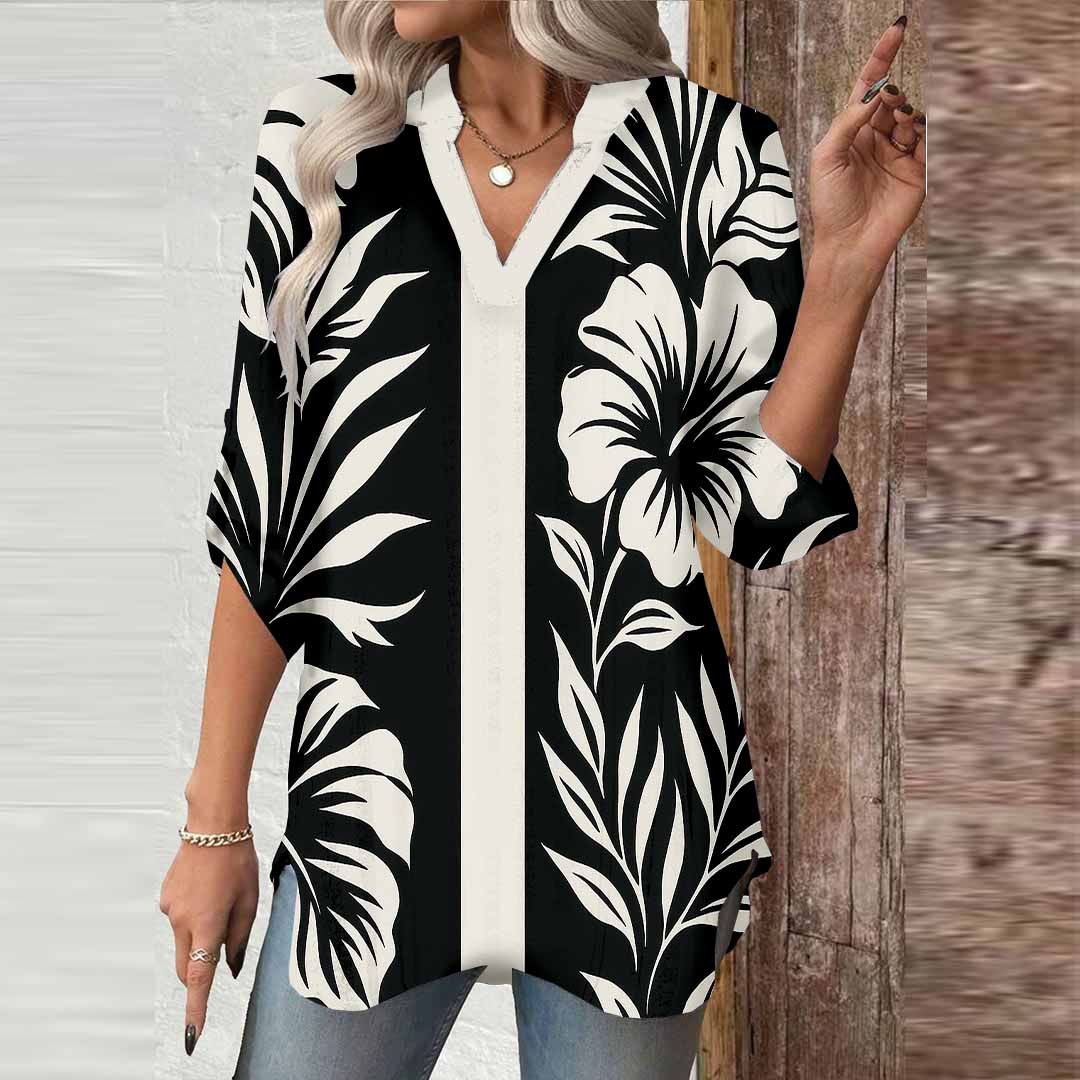 Women Tropical, Geometric, Black, White DZGA0069 3/4 Sleeve V-neck Printed Graphic Button Tops