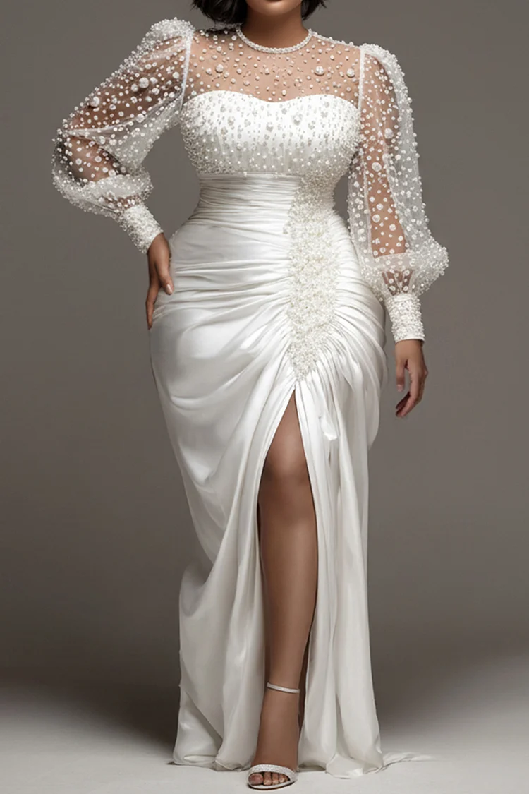 Xpluswear Design Plus Size Wedding Tulle White Round Neck Puff Sleeve Long Sleeve See Through Pearls Satin Maxi Dresses