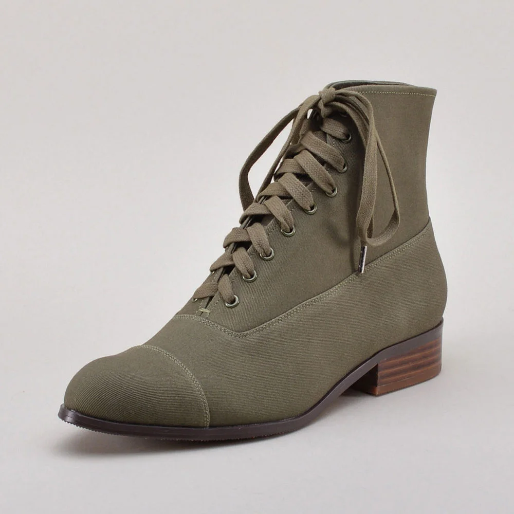 Olive Canvas Round Toe Stacked Heel Lace-Up Booties for Women
