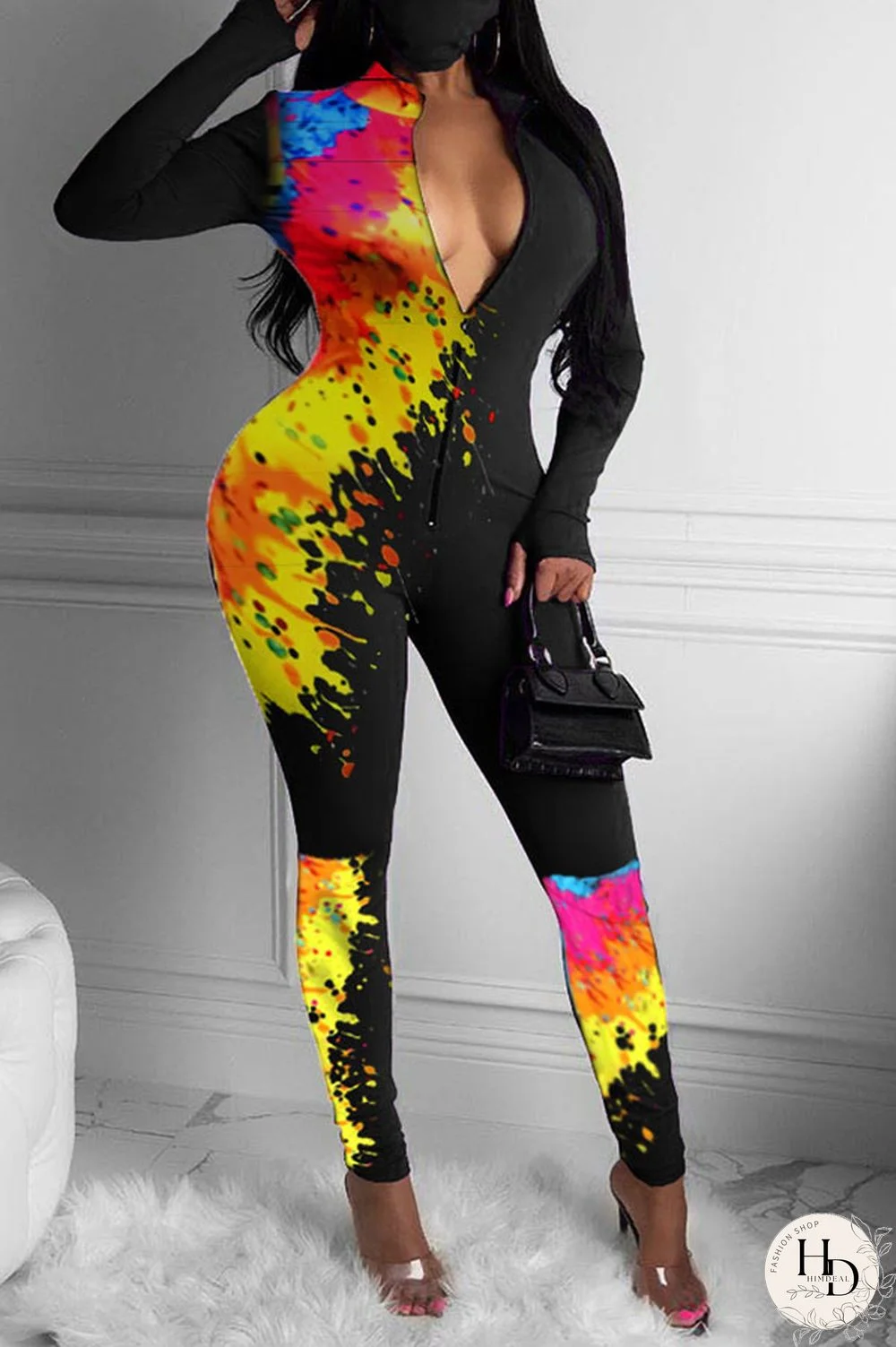 Black yellow Sexy Print Polyester Long Sleeve V Neck Jumpsuits