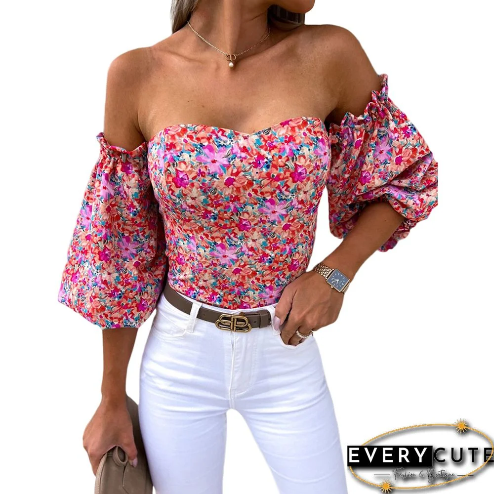 Floral Print Off Shoulder Puff Sleeves Tops