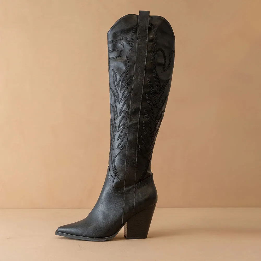 Pointed Toe Block Heel Knee High Black Embroidered Cowgirl Boots