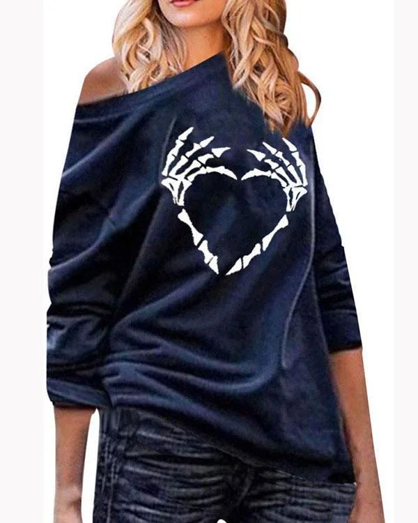 Women's Fashion Long Sleeve Skull Print Casual Loose Sweatshirt Top Plus Size