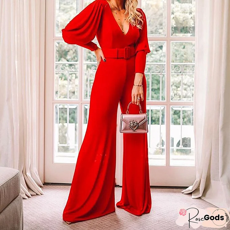 Women Fashion V-Neck Long Sleeve Jumpsuit Office Casual Wide Leg Pant Solid Playsuits Spring Fall Elegant With Belted Playsuits