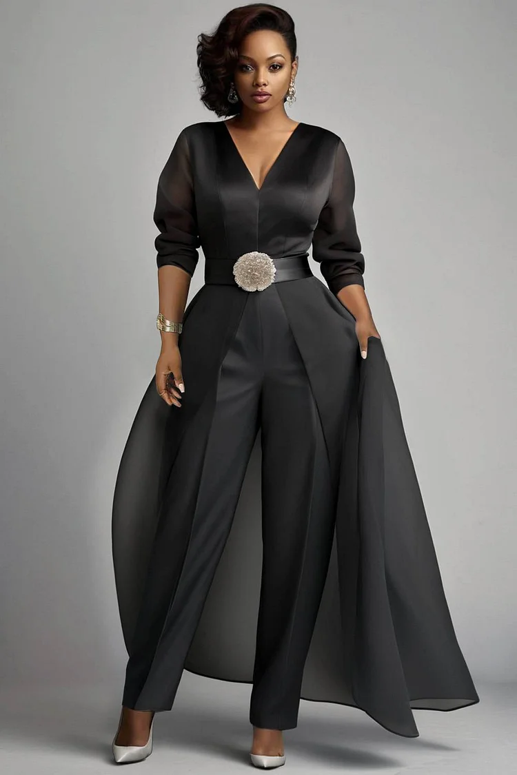 Xpluswear Design Plus Size Wedding Organza Black Elegant V Neck 3/4 Sleeve Detachable Overskirt Pocket Satin Jumpsuits [Pre-Order] 2024 - Xpluswear
