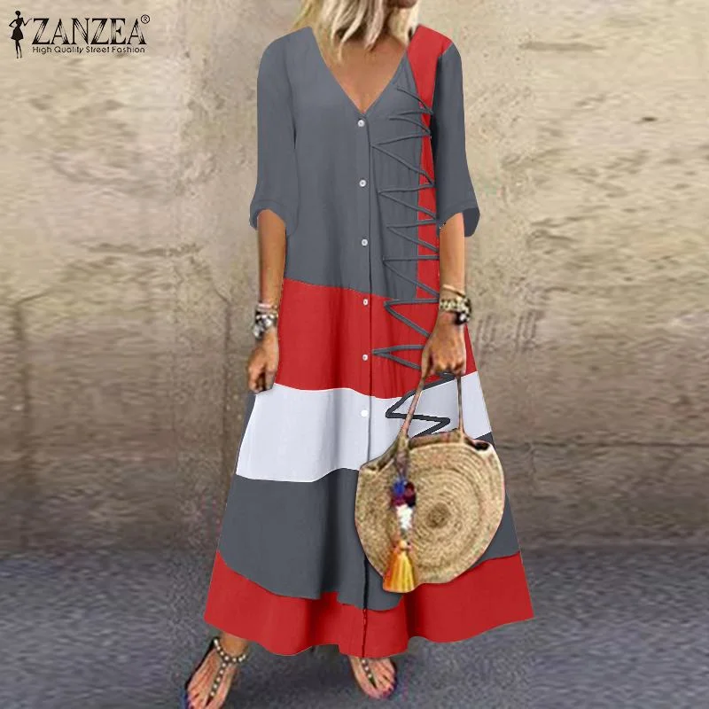 ZANZEA Summer Vintage Patchwork Long Shirt Dress Casual Buttons Down Party Vestidos Robe Femme WomenV Neck Half Sleeve Sundress