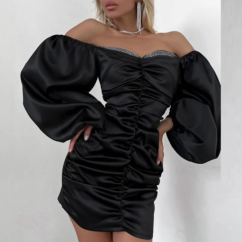 Fashion Strapless Long Sleeve Slim Club Dress 2023 Backless Solid Party Women Dress  Slash Neck Pleated Mini Wrap Hip Dress
