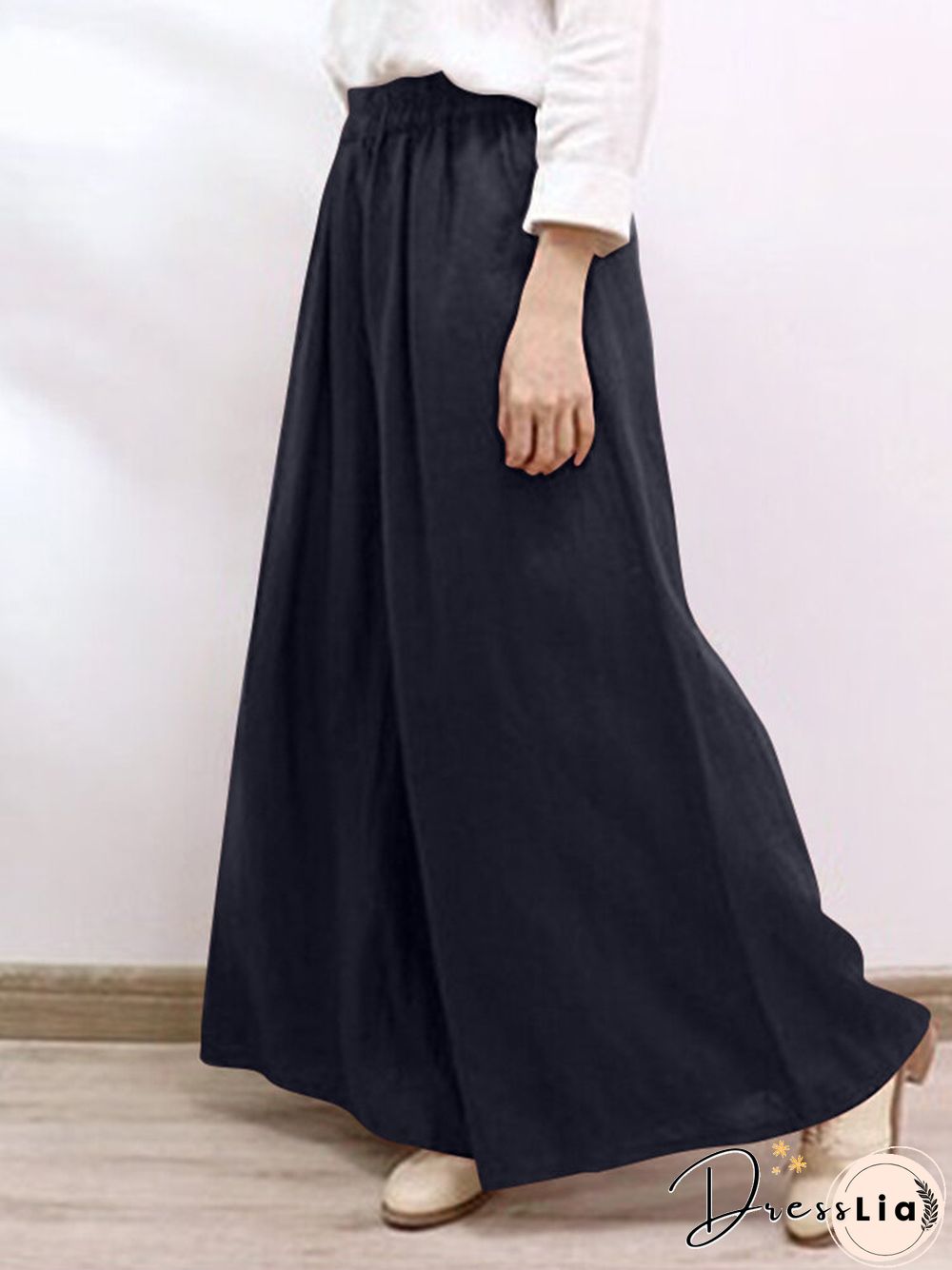 Solid Pocket Elastic Waist Wide Leg Casual Pants